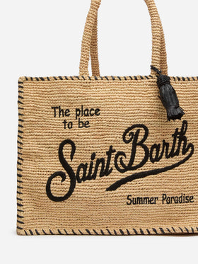 Natural beige Vanity Raffia shoulder bag with black trim