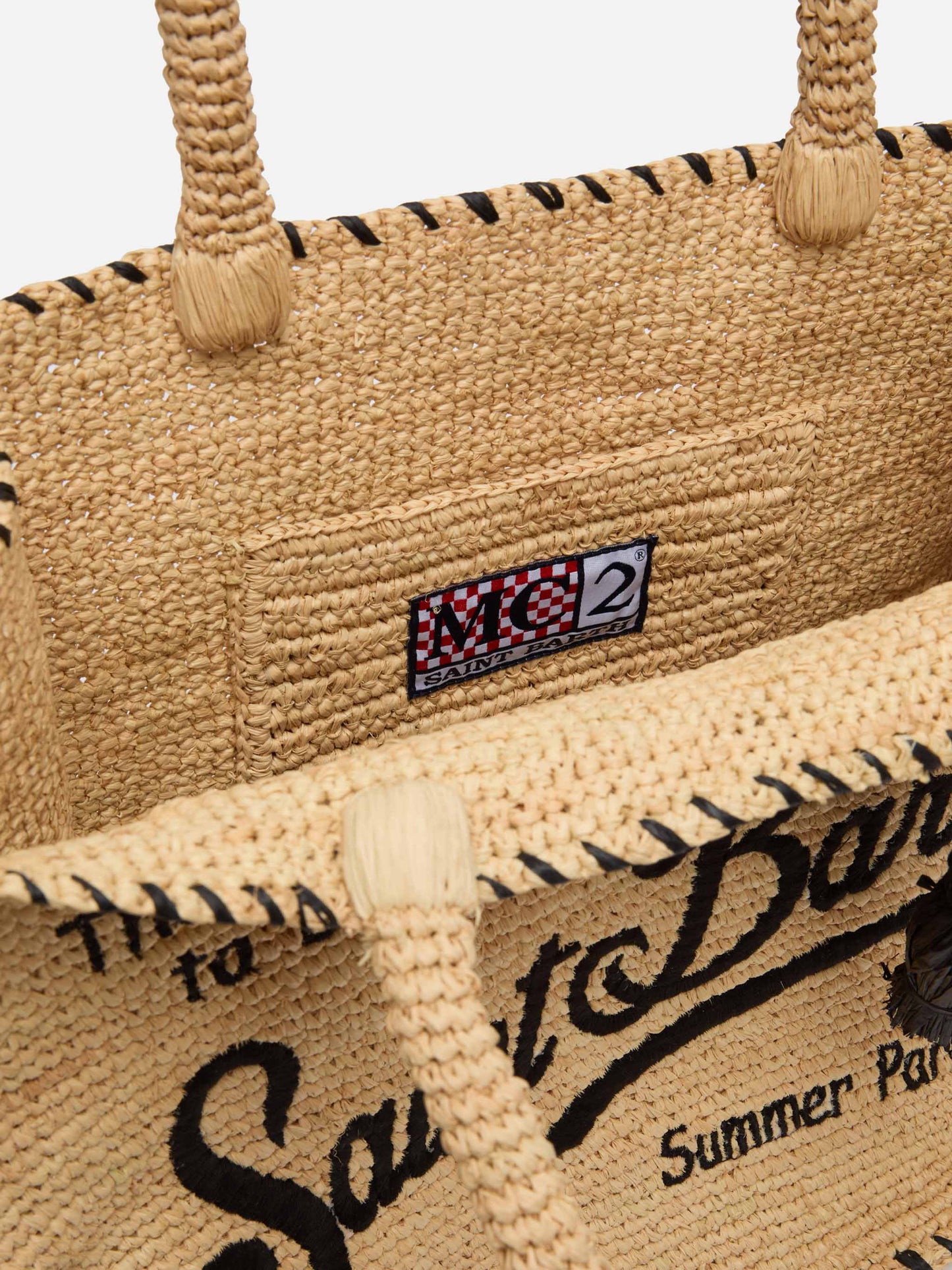 Natural beige Vanity Raffia shoulder bag with black trim
