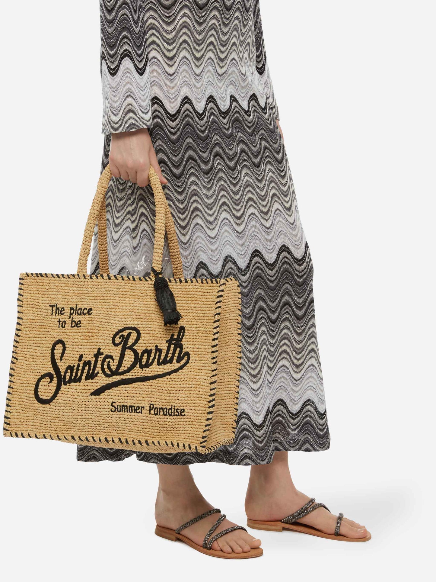 Natural beige Vanity Raffia shoulder bag with black trim