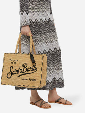 Natural beige Vanity Raffia shoulder bag with black trim