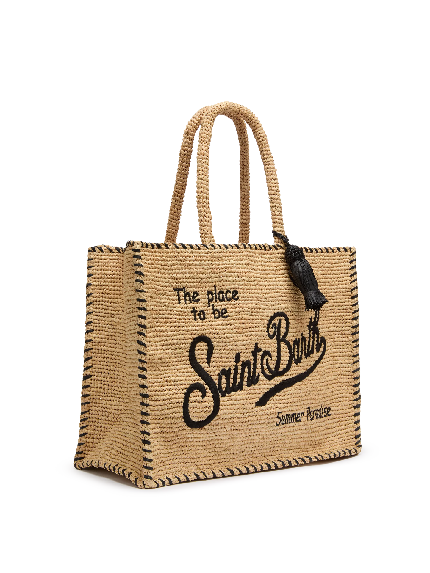 Natural beige Vanity Raffia shoulder bag with black trim