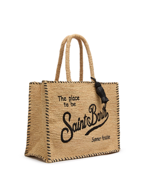 Natural beige Vanity Raffia shoulder bag with black trim