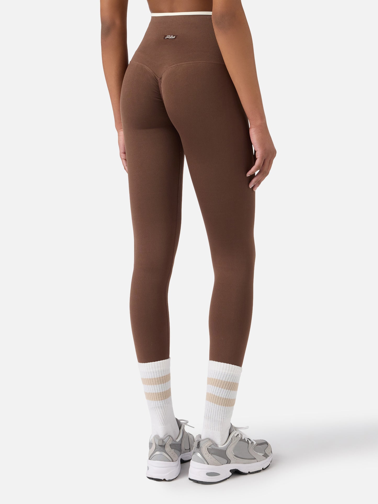 Brown Vega technical fabric sports leggings with contrast trim