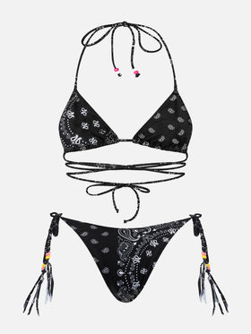 Veronique Marielle black bandana strappy triangle bikini with charms
