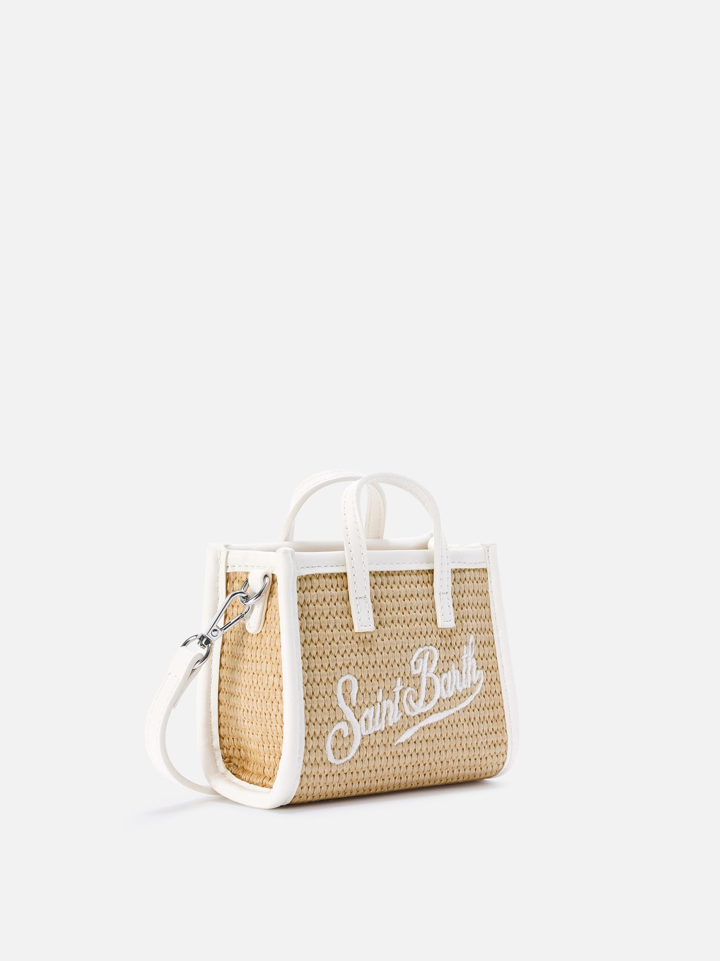 Vivian micro straw effect bag with white embroidered logo
