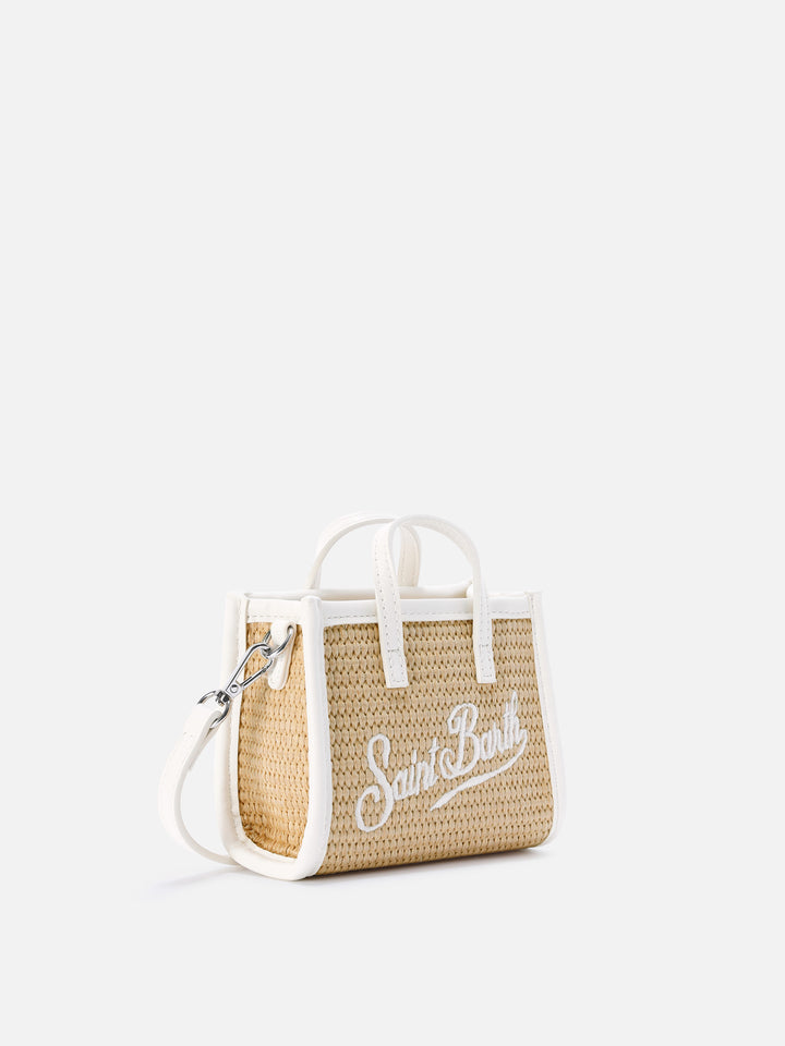 Vivian micro straw effect bag with white embroidered logo
