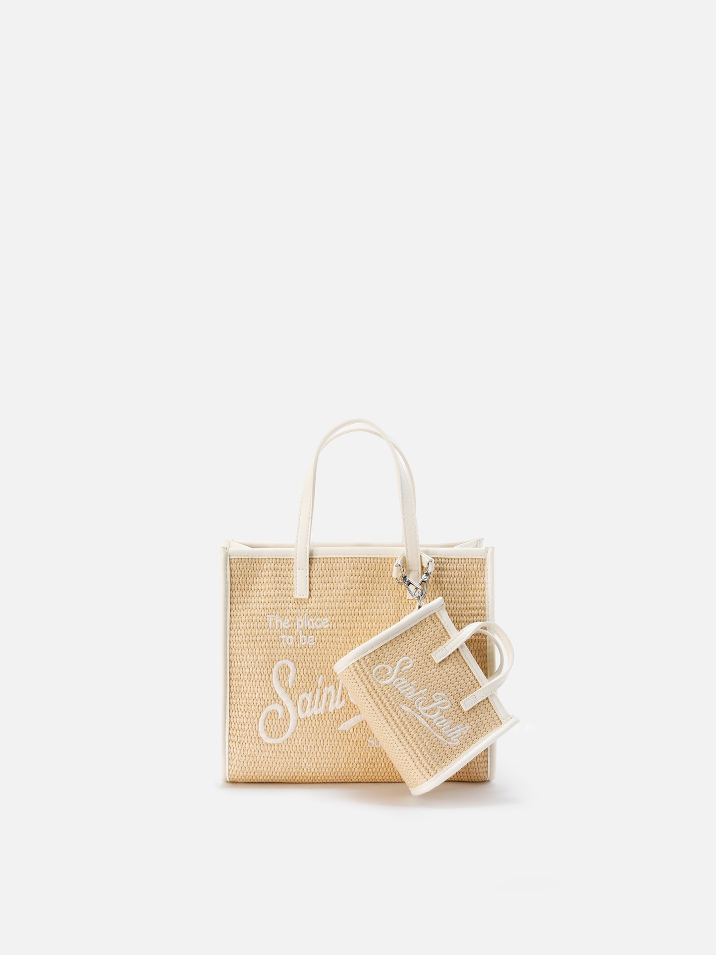 Borsa Vivian micro effetto paglia con logo bianco ricamato