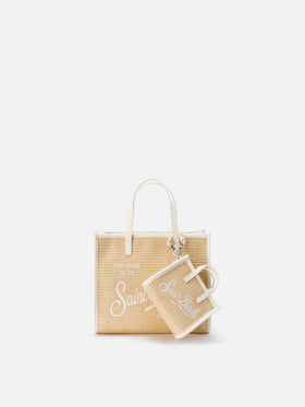 Borsa Vivian micro effetto paglia con logo bianco ricamato
