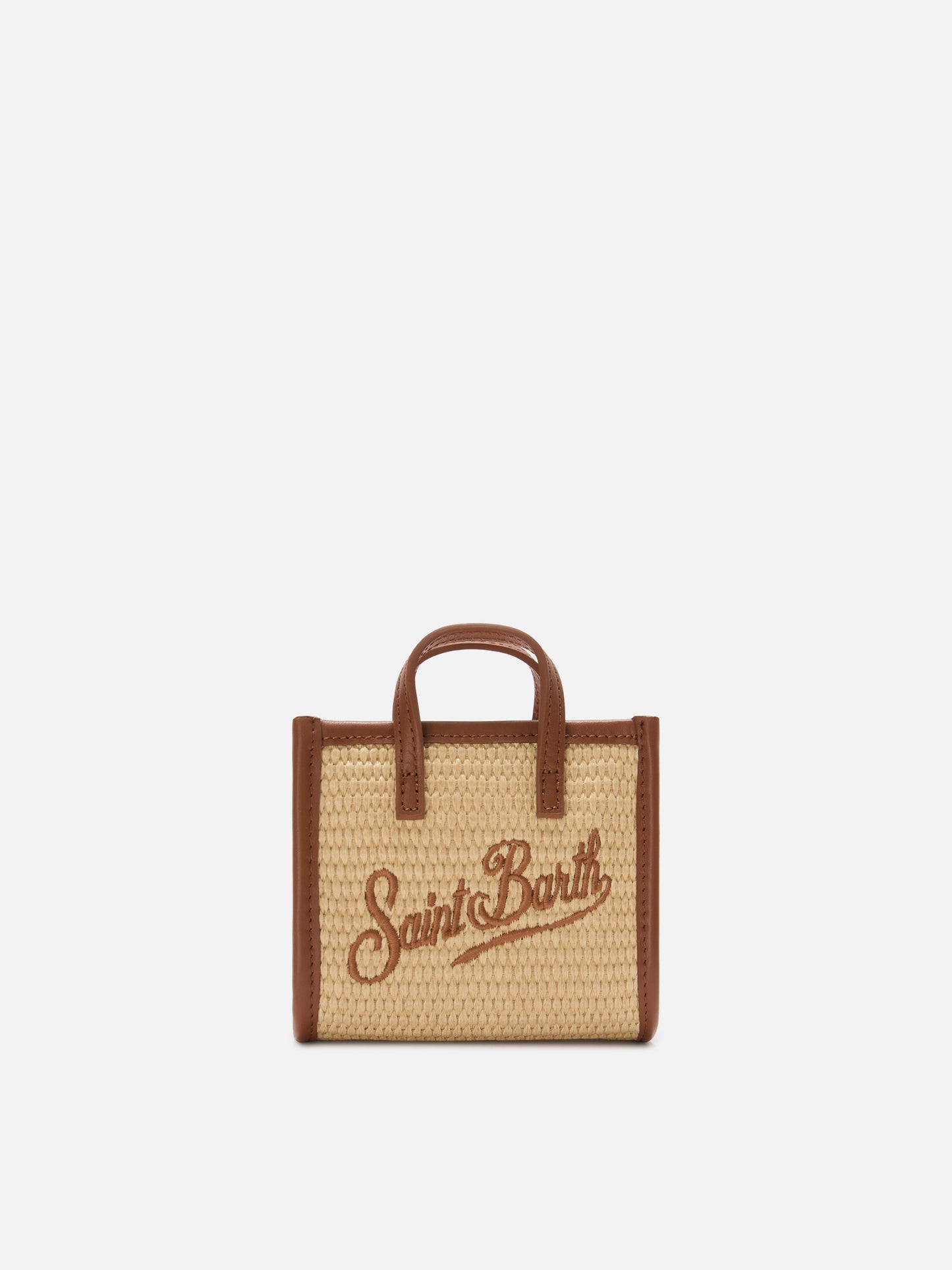 Vivian micro raffia effect bag with brown embroidered logo