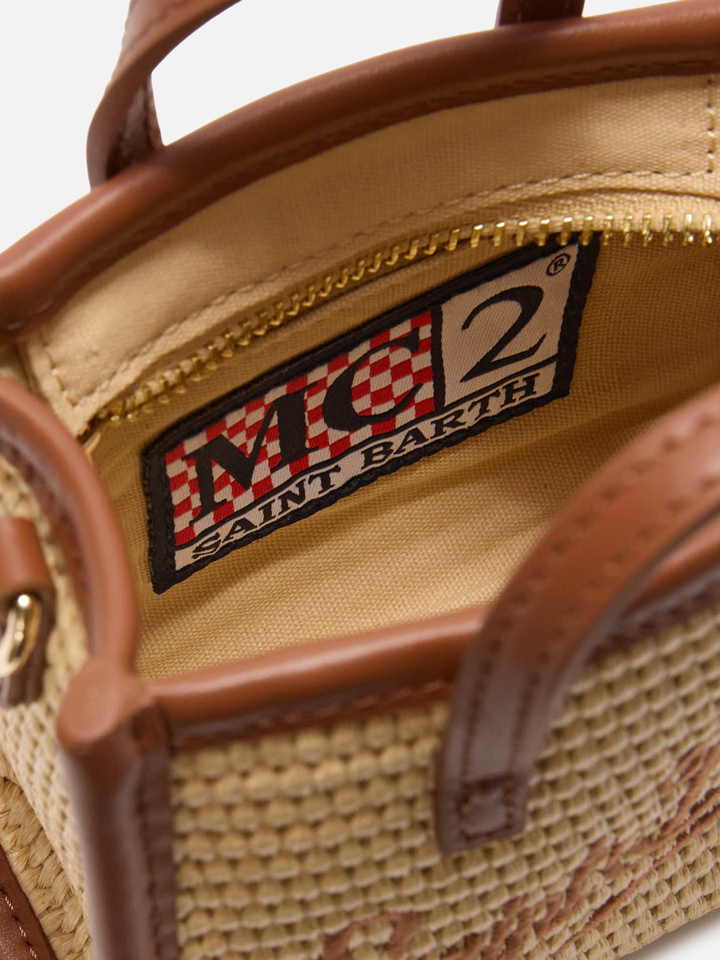 Vivian micro raffia effect bag with brown embroidered logo