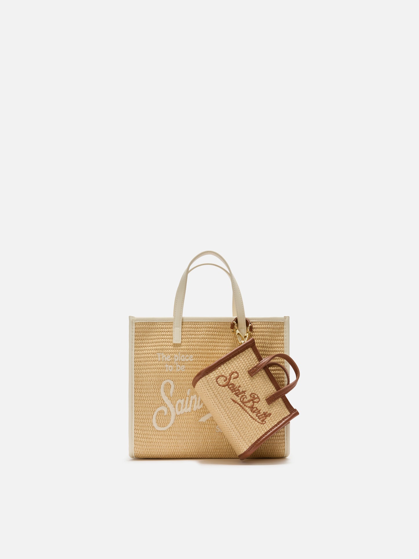 Vivian micro raffia effect bag with brown embroidered logo