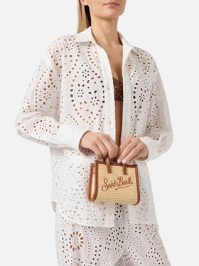 Borsa Vivian micro effetto raffia con logo marrone ricamato