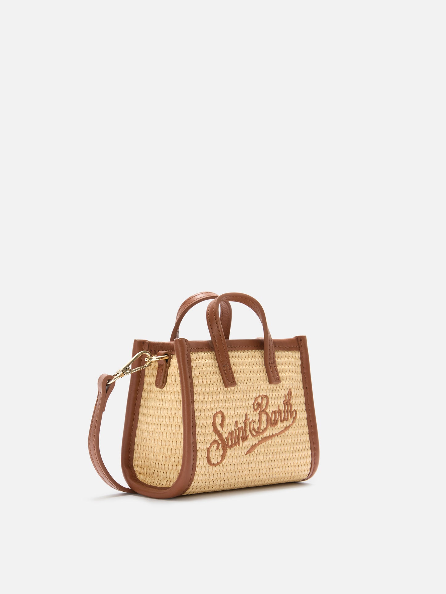 Borsa Vivian micro effetto raffia con logo marrone ricamato