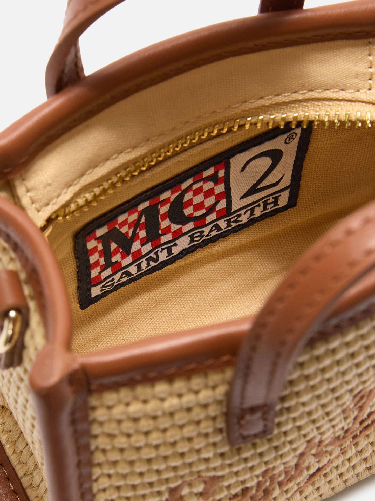 Borsa Vivian micro effetto raffia con logo marrone ricamato