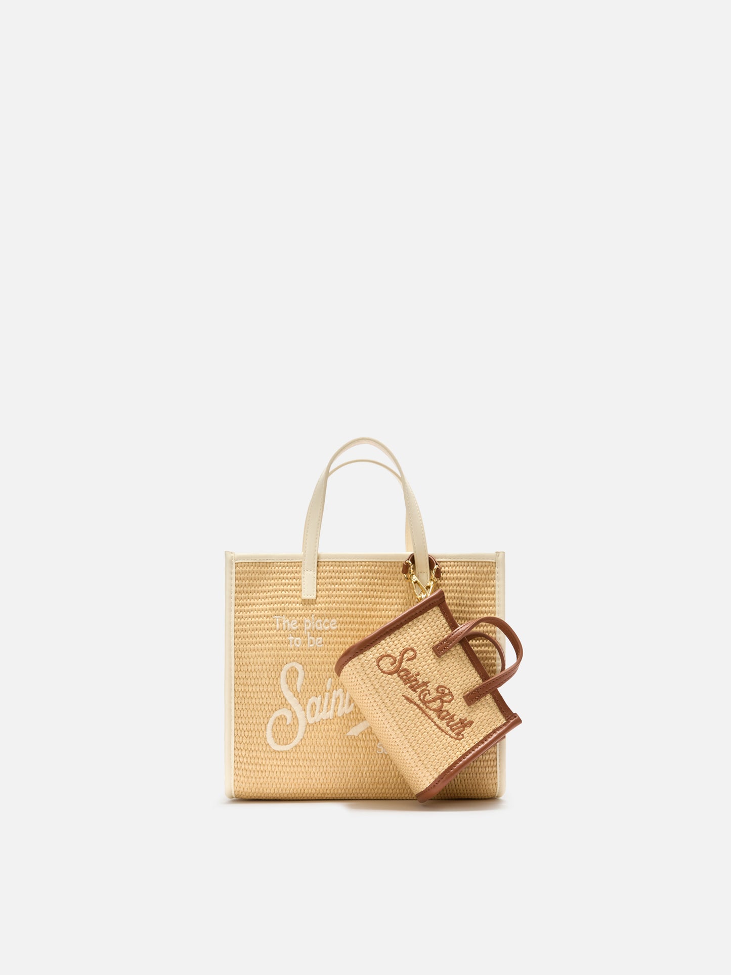 Borsa Vivian micro effetto raffia con logo marrone ricamato