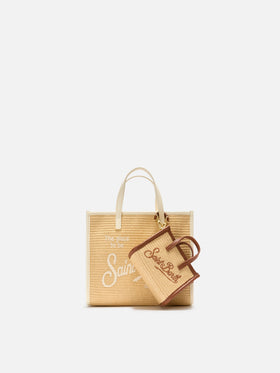 Borsa Vivian micro effetto raffia con logo marrone ricamato