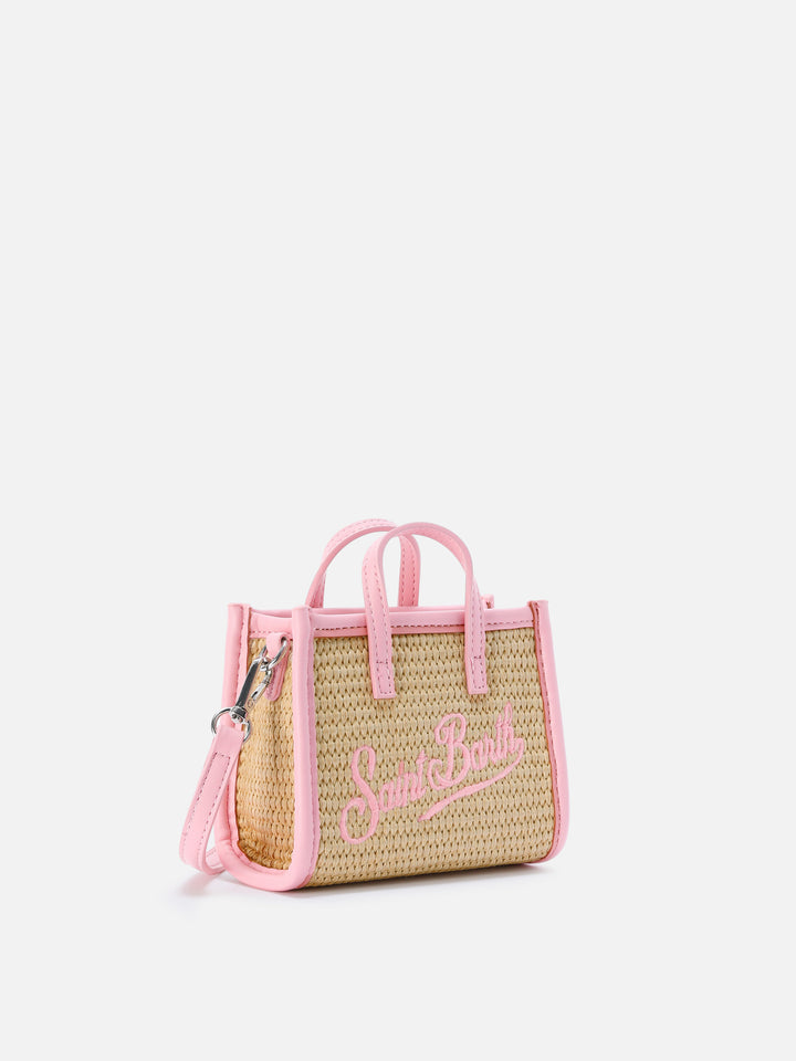 Vivian micro raffia effect bag with pink embroidered logo