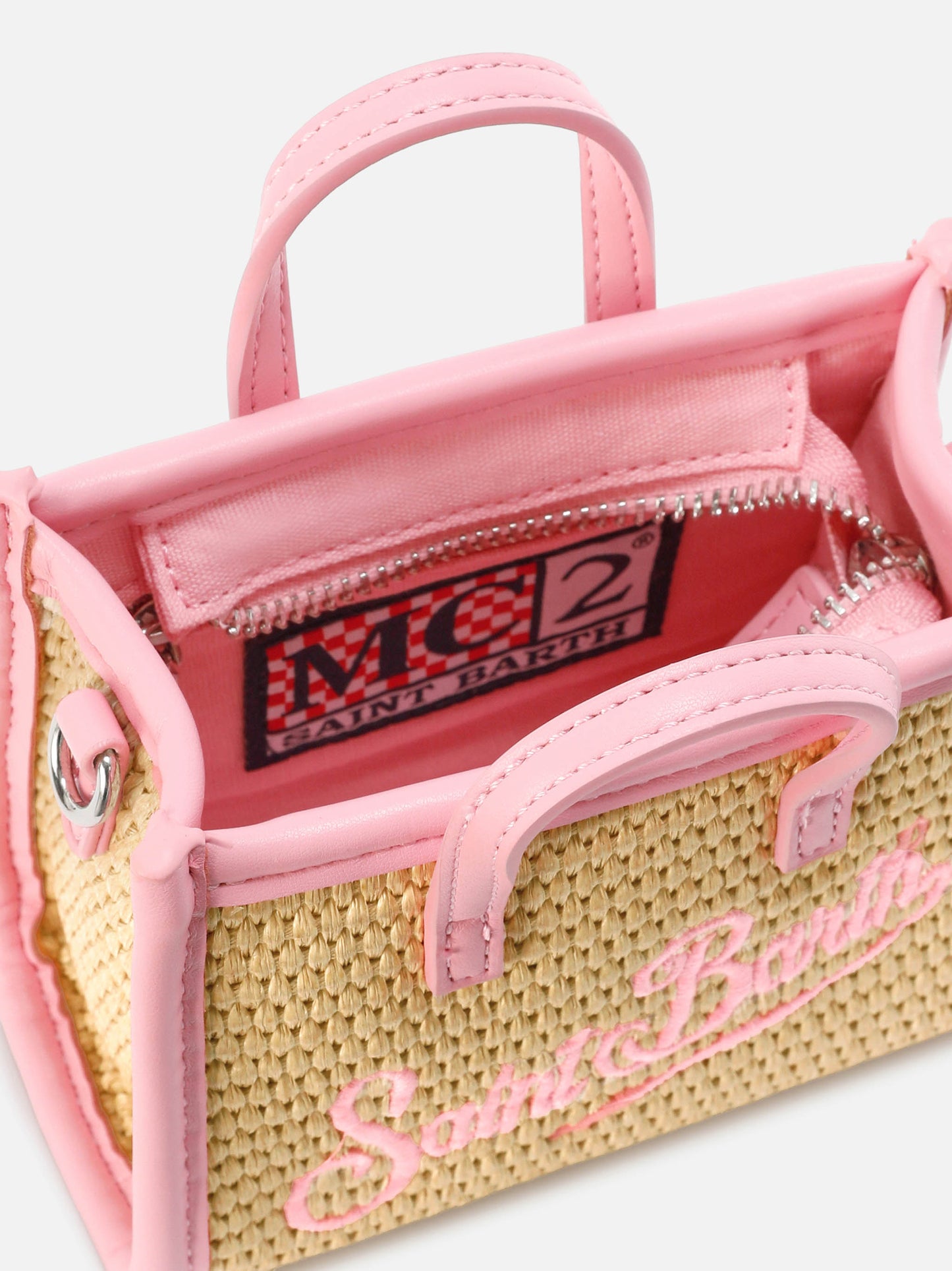 Borsa Vivian micro effetto raffia con logo rosa ricamato
