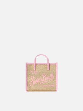Vivian mini straw effect bag with pink embroidered logo