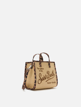 Vivian mini straw effect bag with leopard trims
