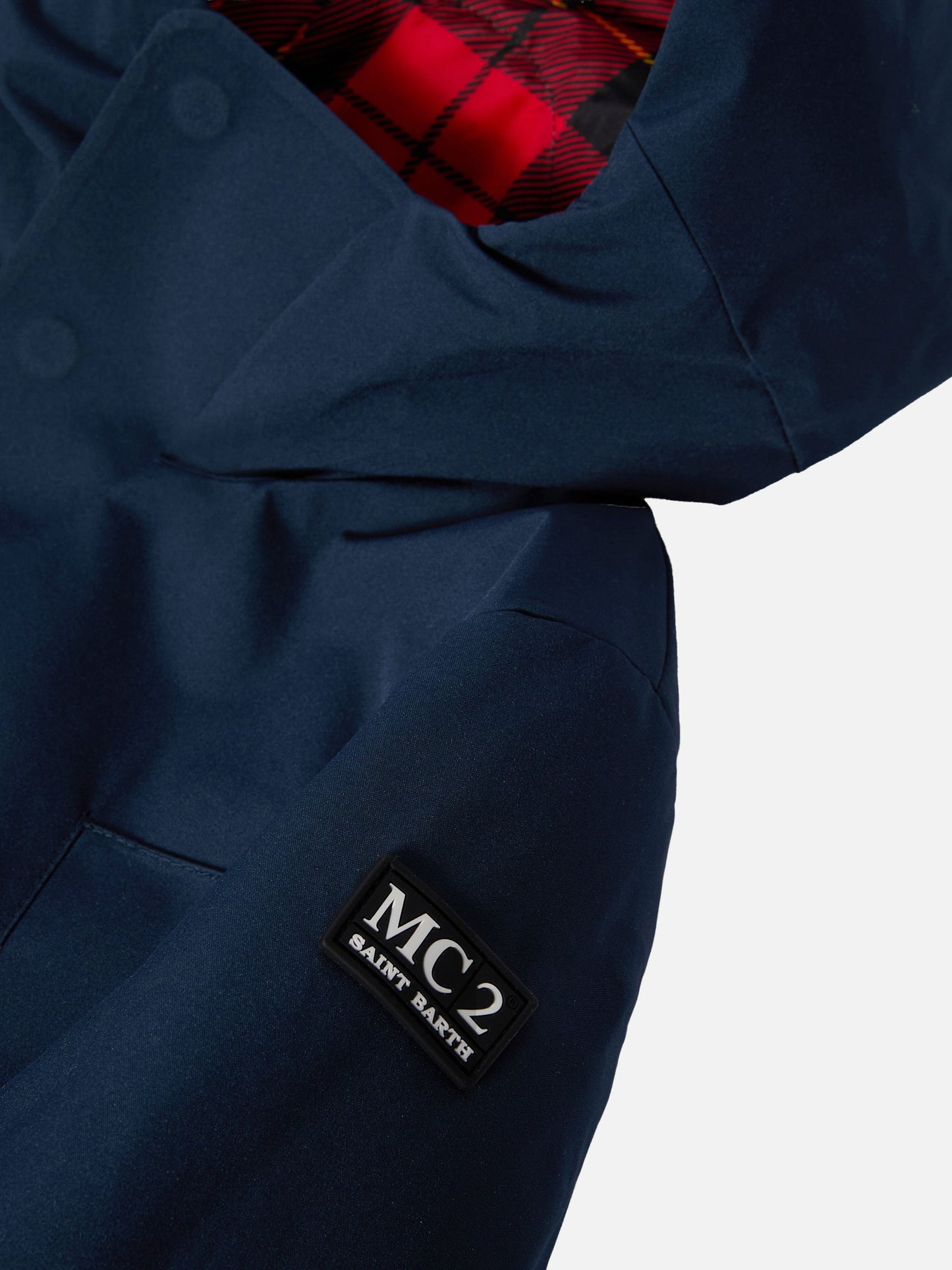 Marineblaue Parkajacke Voyager Jr mit Kapuze und Tartanfutter