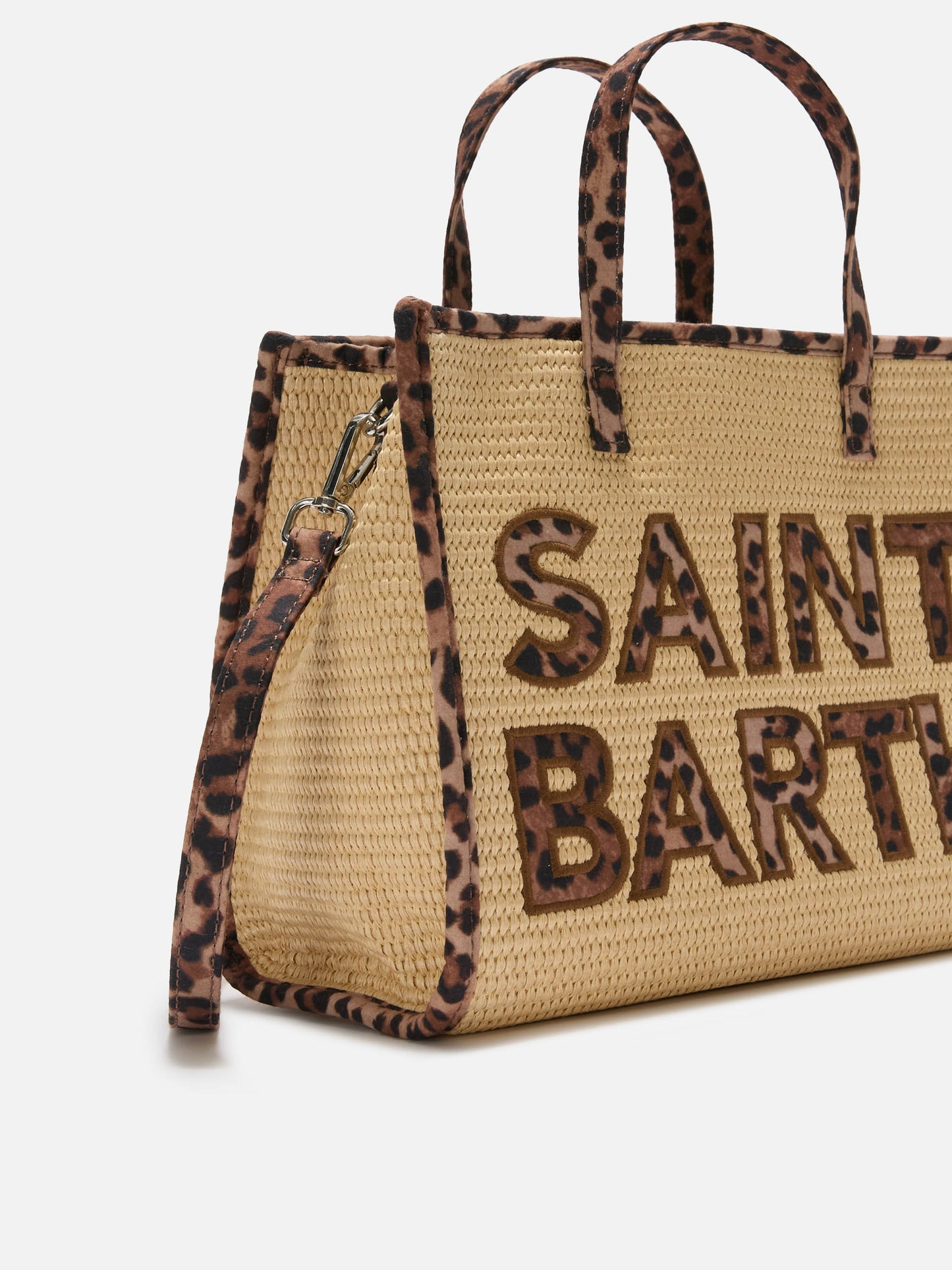 Vivian medium straw effect bag with leopard logo patches