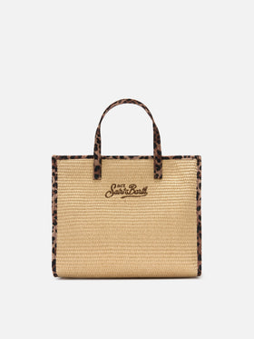 Borsa Vivian medium effetto paglia con patch logo leopardate