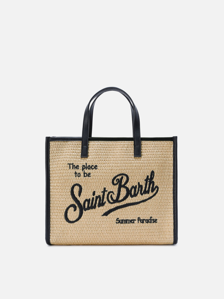 Borsa Vivian medium effetto paglia con logo nero ricamato