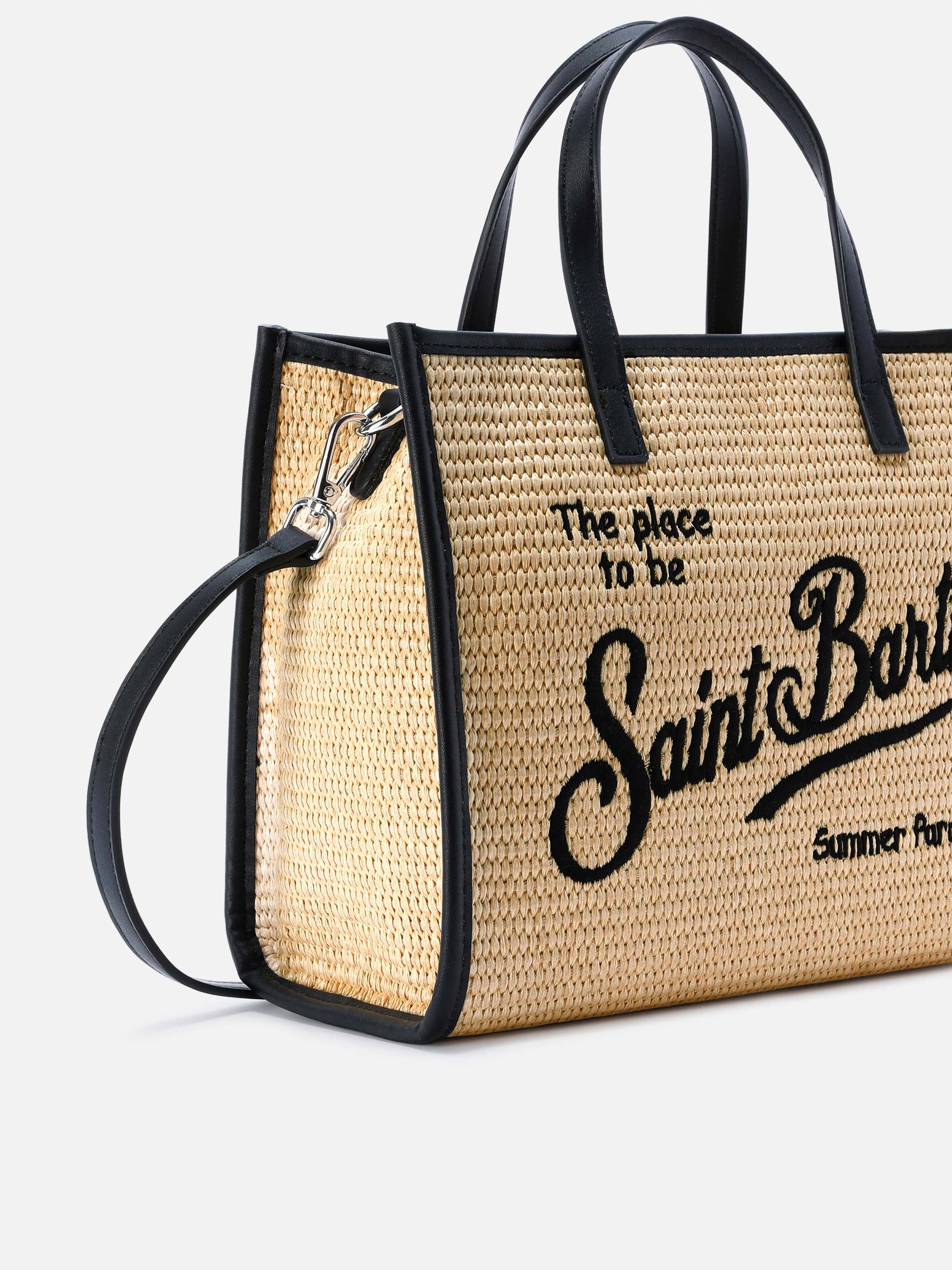 Vivian medium raffia effect bag with black embroidered logo – MC2