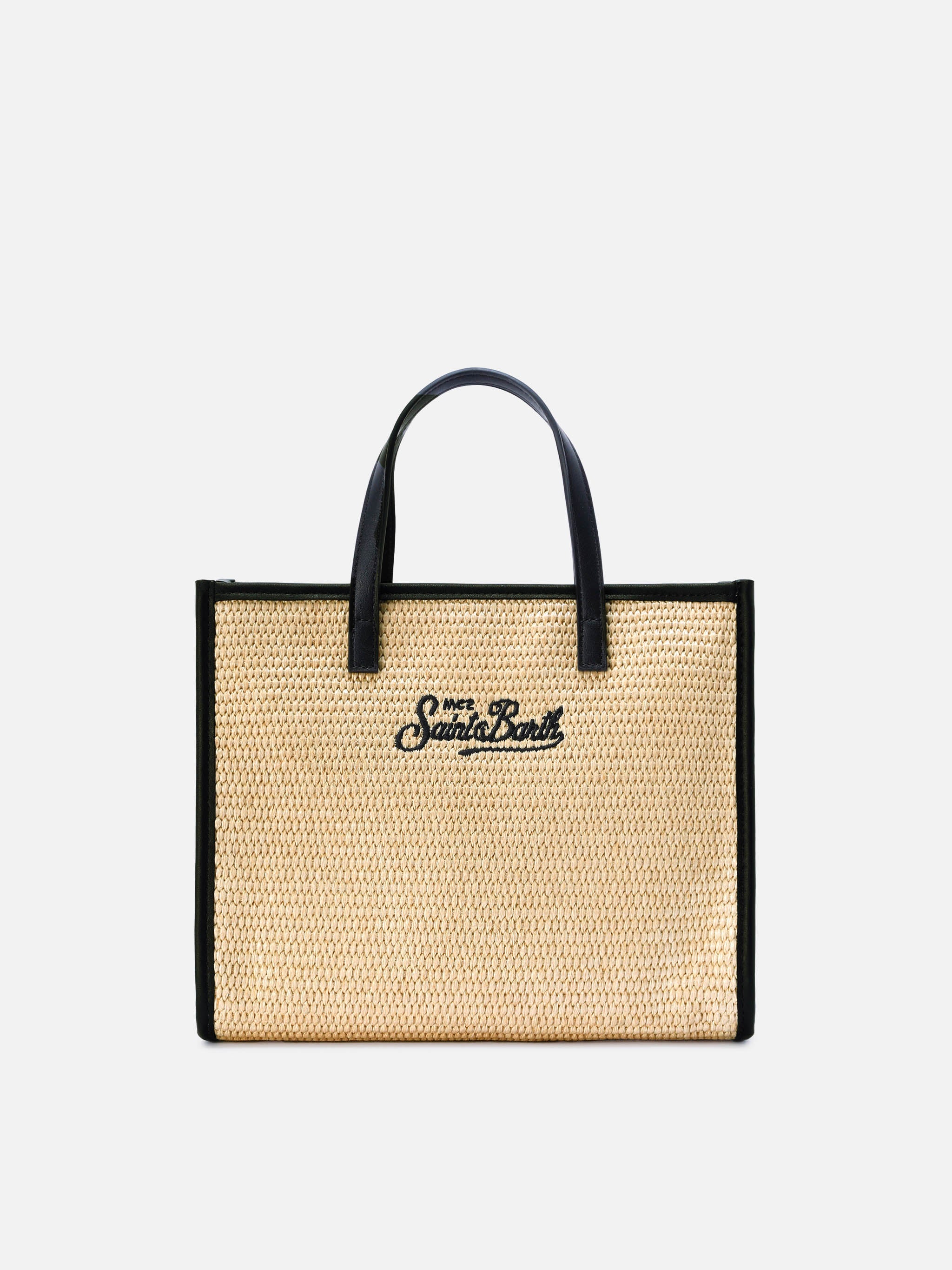 Vivian medium raffia effect bag with black embroidered logo – MC2