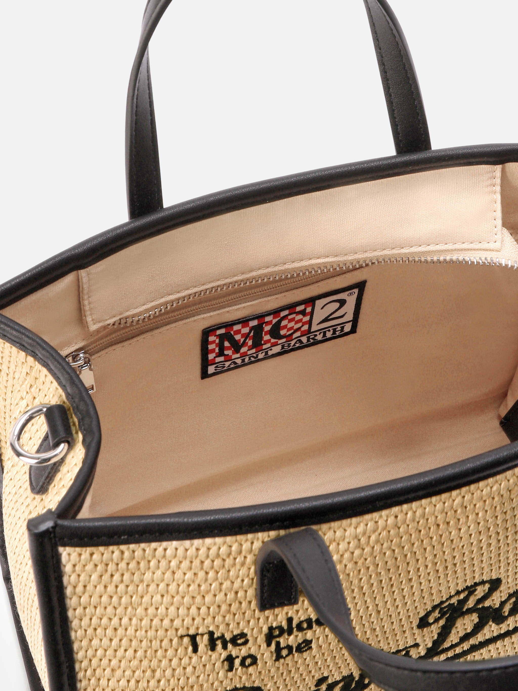 Vivian medium raffia effect bag with black embroidered logo – MC2