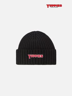 Wengen beanie in cashmere blend in black with Yuppies embroidery