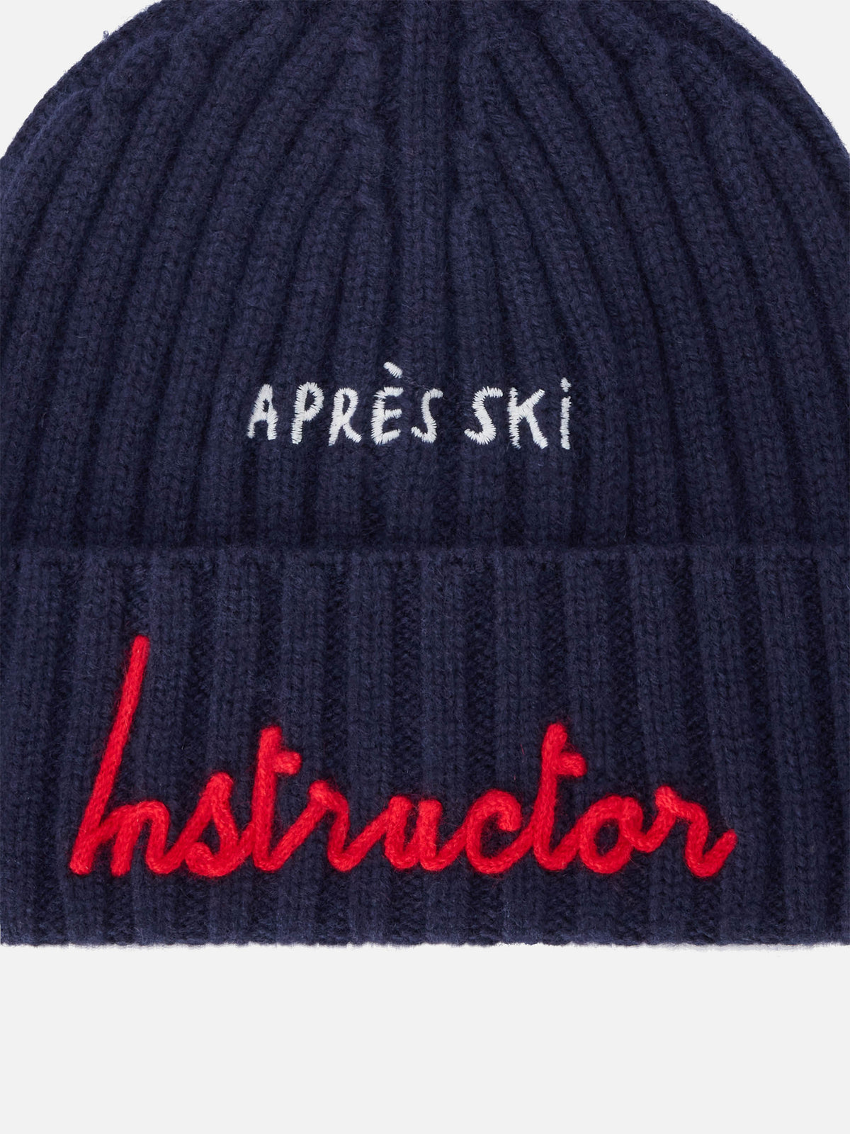 Marineblaue blue Wengen-Mütze mit Après Ski Instructor-Stickerei 