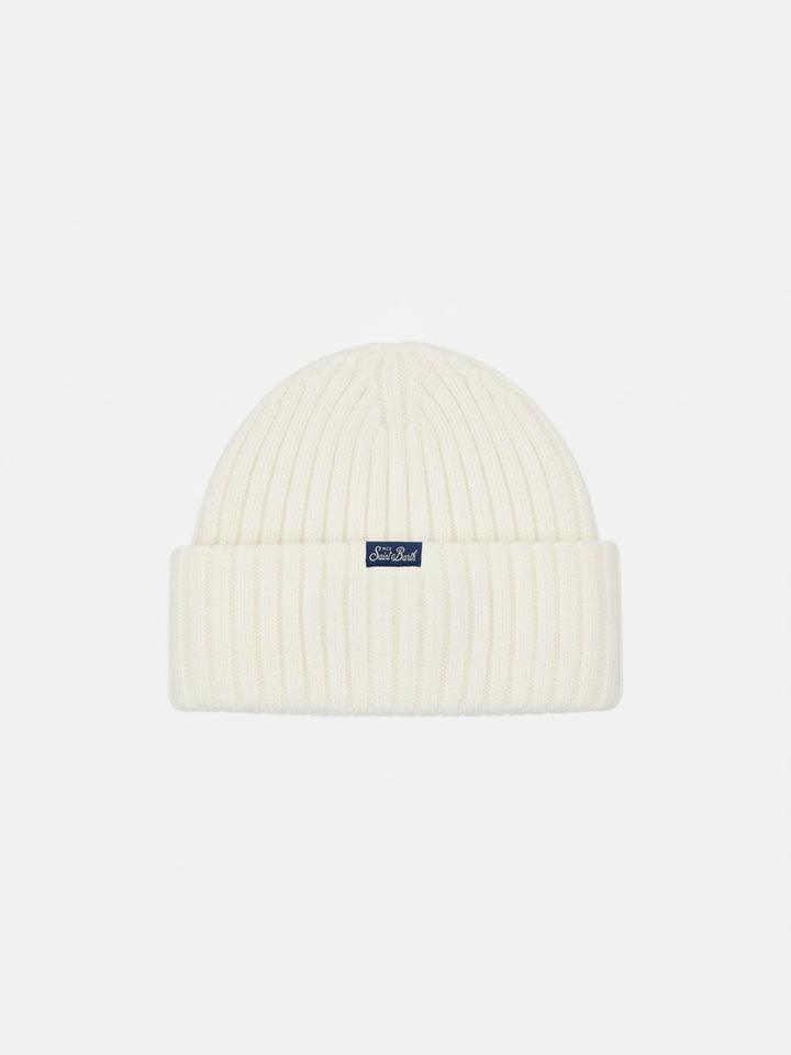 Beanie Wengen in misto cashmere bianco con ricamo Super G | SUPER G SPECIAL EDITION