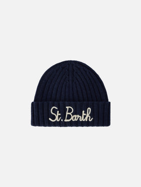 Bonnet Wengen bleu marine blue avec broderie St. Barth 