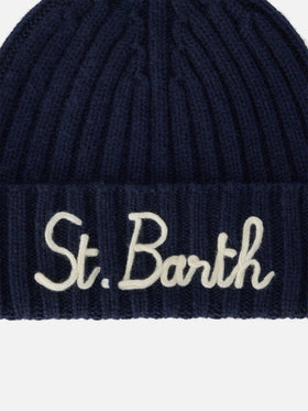 Bonnet Wengen bleu marine blue avec broderie St. Barth 