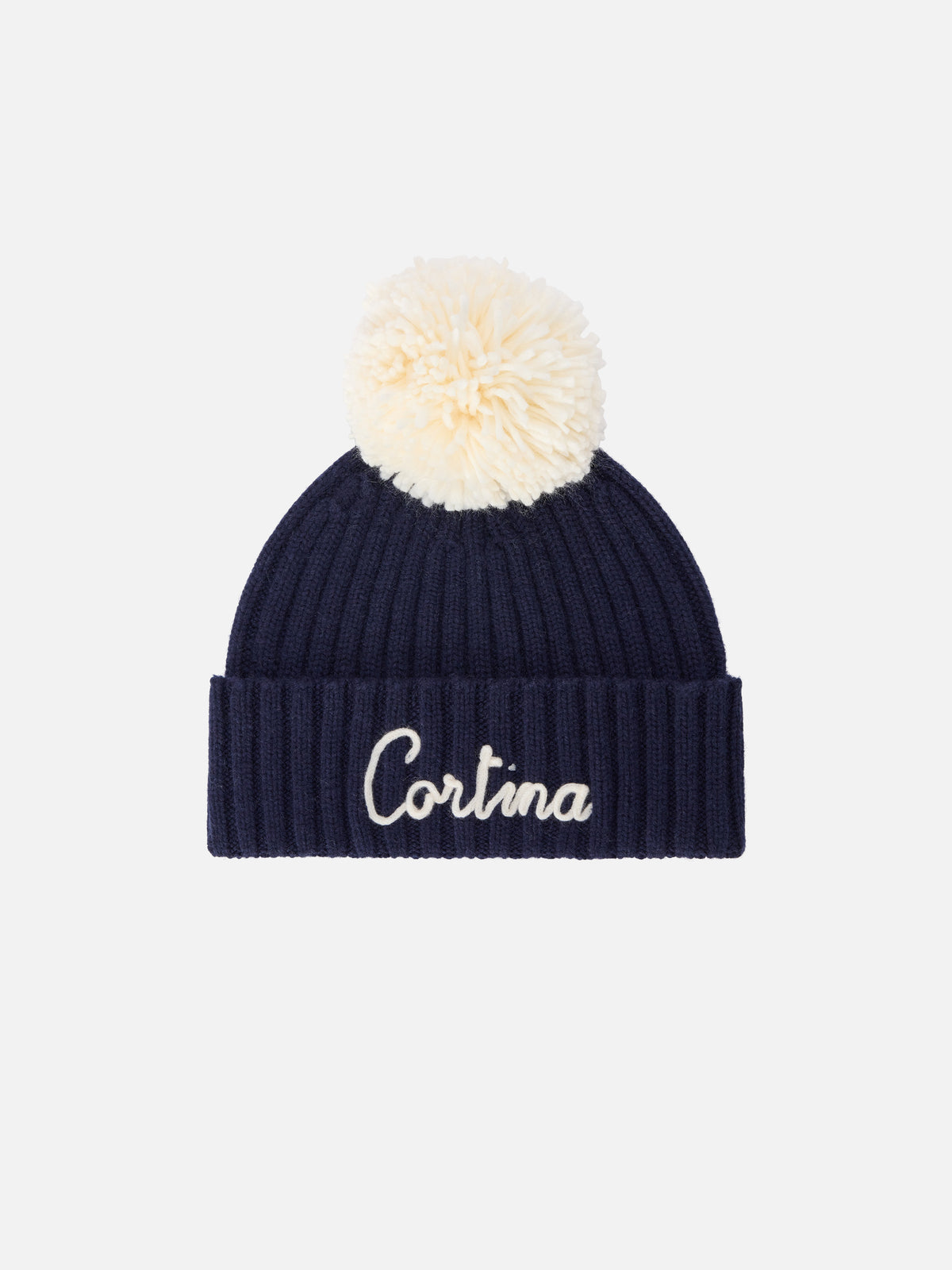 Navy blue Wengen beanie with pompom and Cortina embroidery