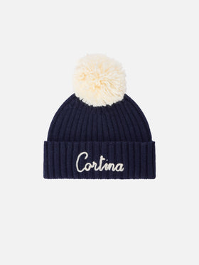 Navy blue Wengen beanie with pompom and Cortina embroidery