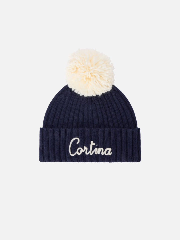 Gorro Wengen Navy blue con pompón y bordado Cortina 