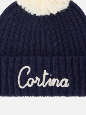 Navy blue Wengen beanie with pompom and Cortina embroidery