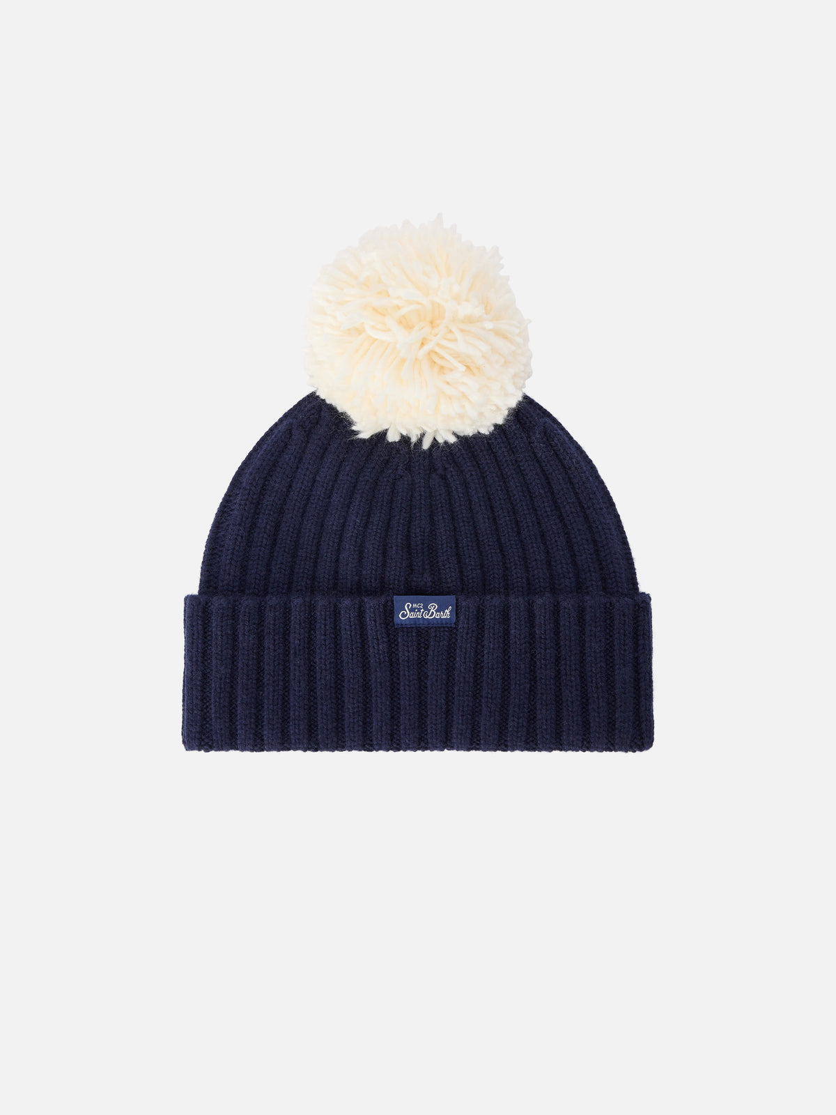 Navy blue Wengen beanie with pompom and Cortina embroidery
