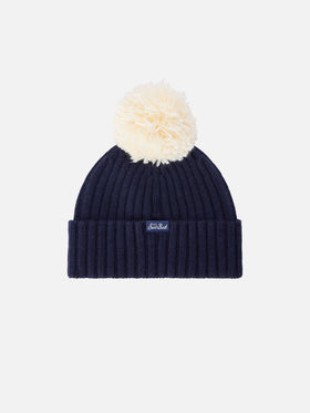 Navy blue Wengen beanie with pompom and Cortina embroidery