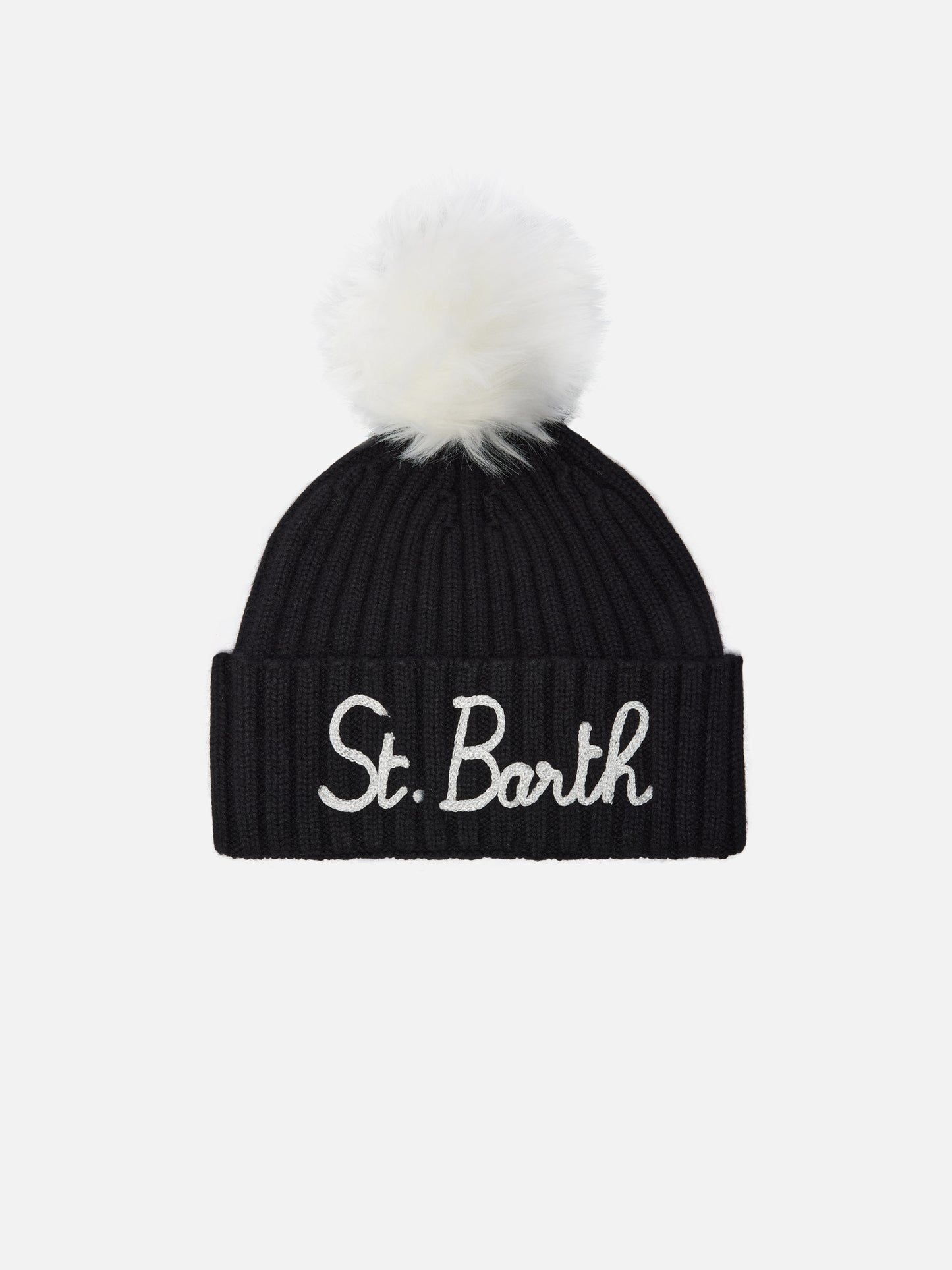 Wengen beanie in cashmere blend in black with St. Barth embroidery and pom-pom