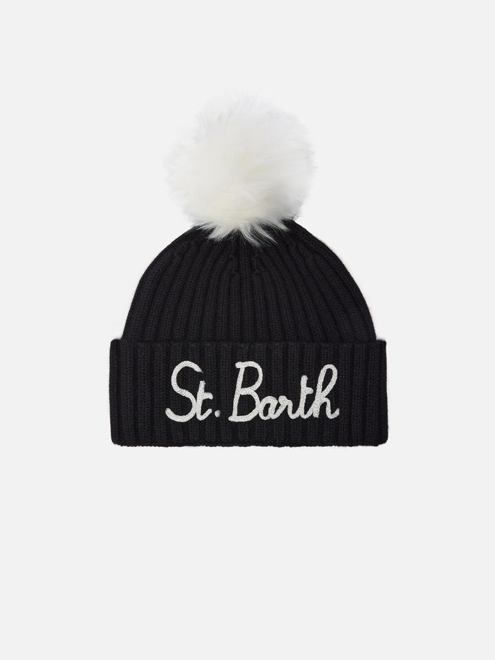 Wengen beanie in cashmere blend in black with St. Barth embroidery and pom-pom