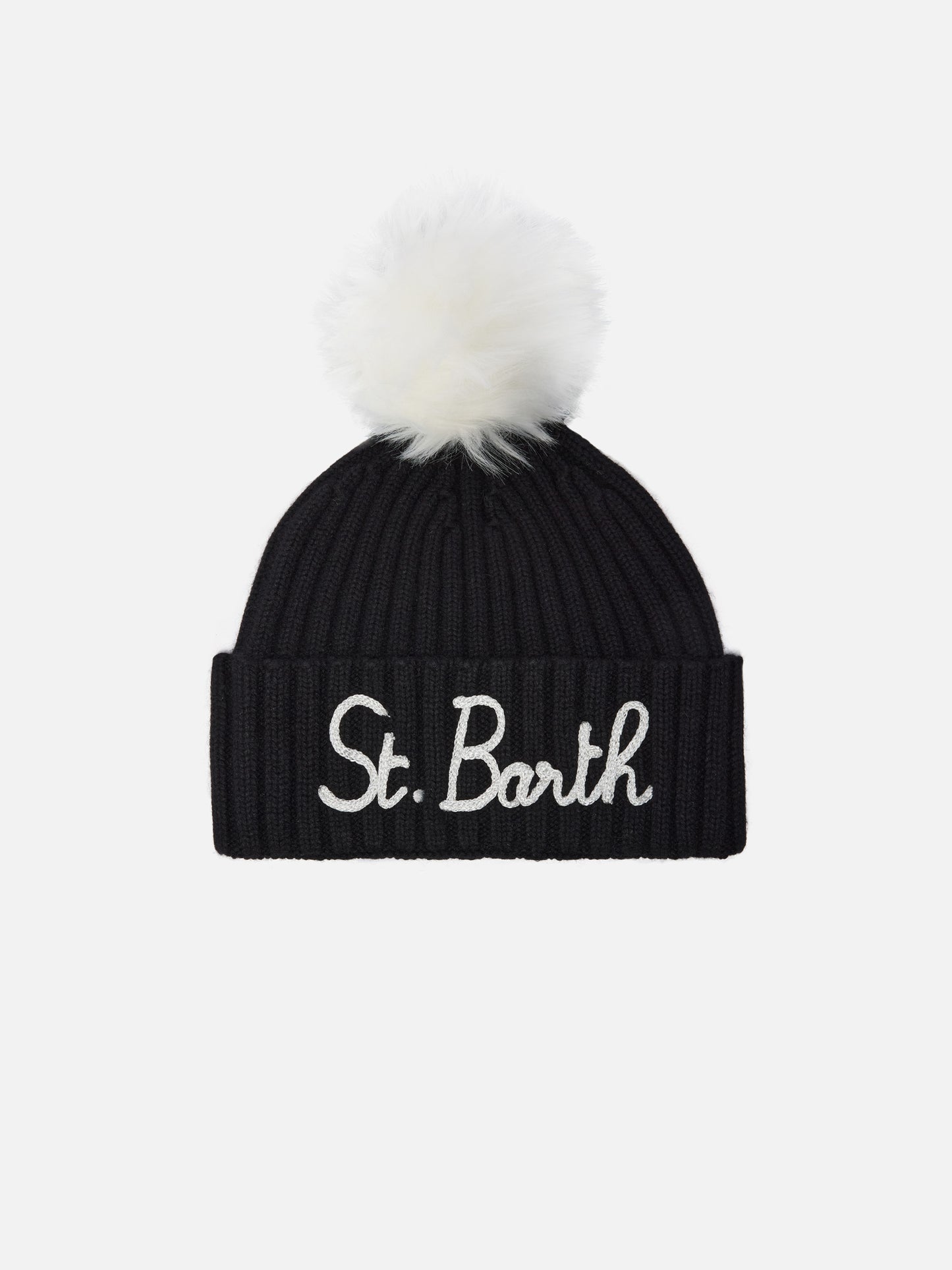 Wengen beanie in cashmere blend in black with St. Barth embroidery and pom-pom