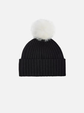 Wengen beanie in cashmere blend in black with St. Barth embroidery and pom-pom