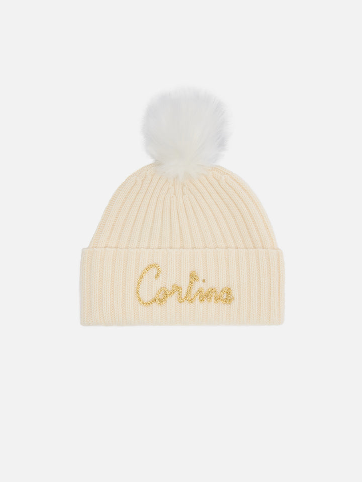 Wengen beanie in cashmere blend in white with lurex Cortina embroidery and pom-pom
