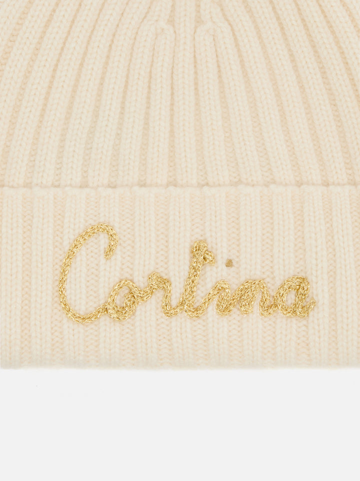 Wengen beanie in cashmere blend in white with lurex Cortina embroidery and pom-pom
