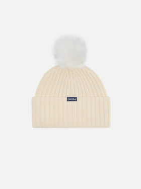 Wengen beanie in cashmere blend in white with lurex Cortina embroidery and pom-pom