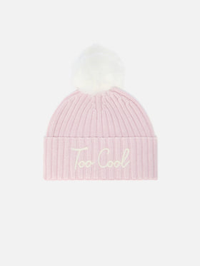 Wengen beanie in cashmere blend with pink “Too Cool” embroidery and pom-pom